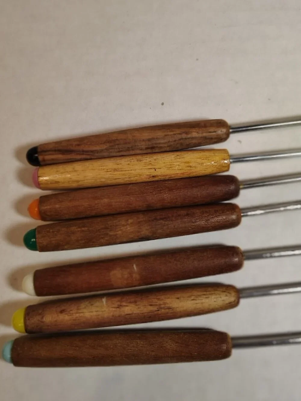 Vintage Fondue Forks Set Of 7 Wood Handles Stainless Steel Color Tips